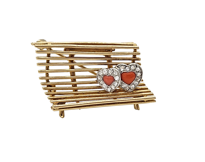 Cartier 18K Yellow Gold Diamond & Coral Love Bench Brooch